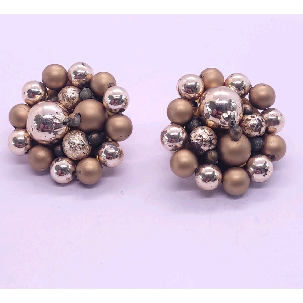 Vintage Japan Atomic Bubble Cluster Clip-On Earrings Gold Silver Tone 28.9mm